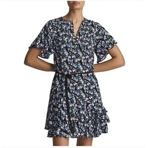 REISS Lulu Flutter Sleeve Dark Floral Romantic Ruffle Mini Dress Boho Blue‎ XS
